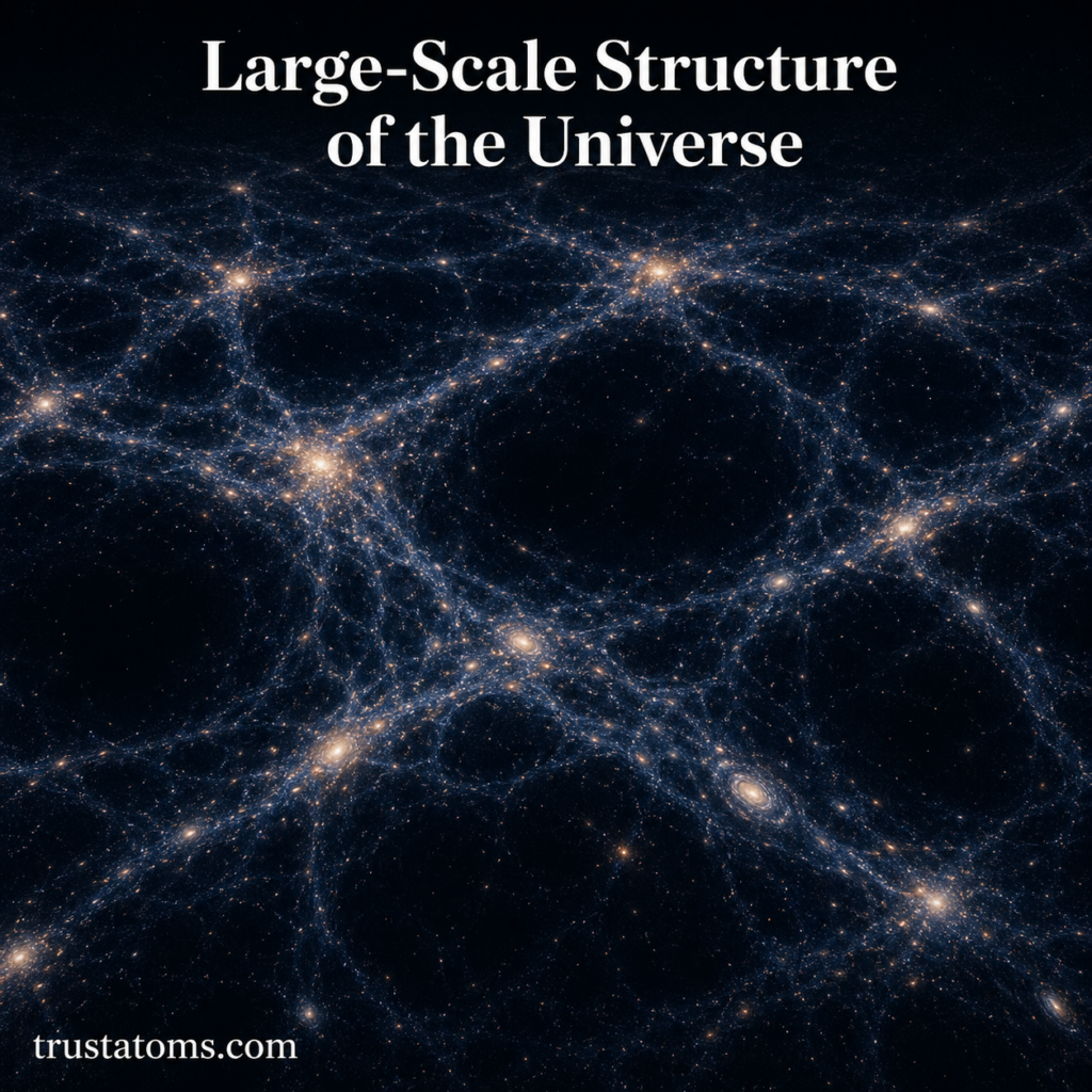 Illustration of the large-scale structure of the universe showing the cosmic web with galaxy clusters, filaments, and voids.