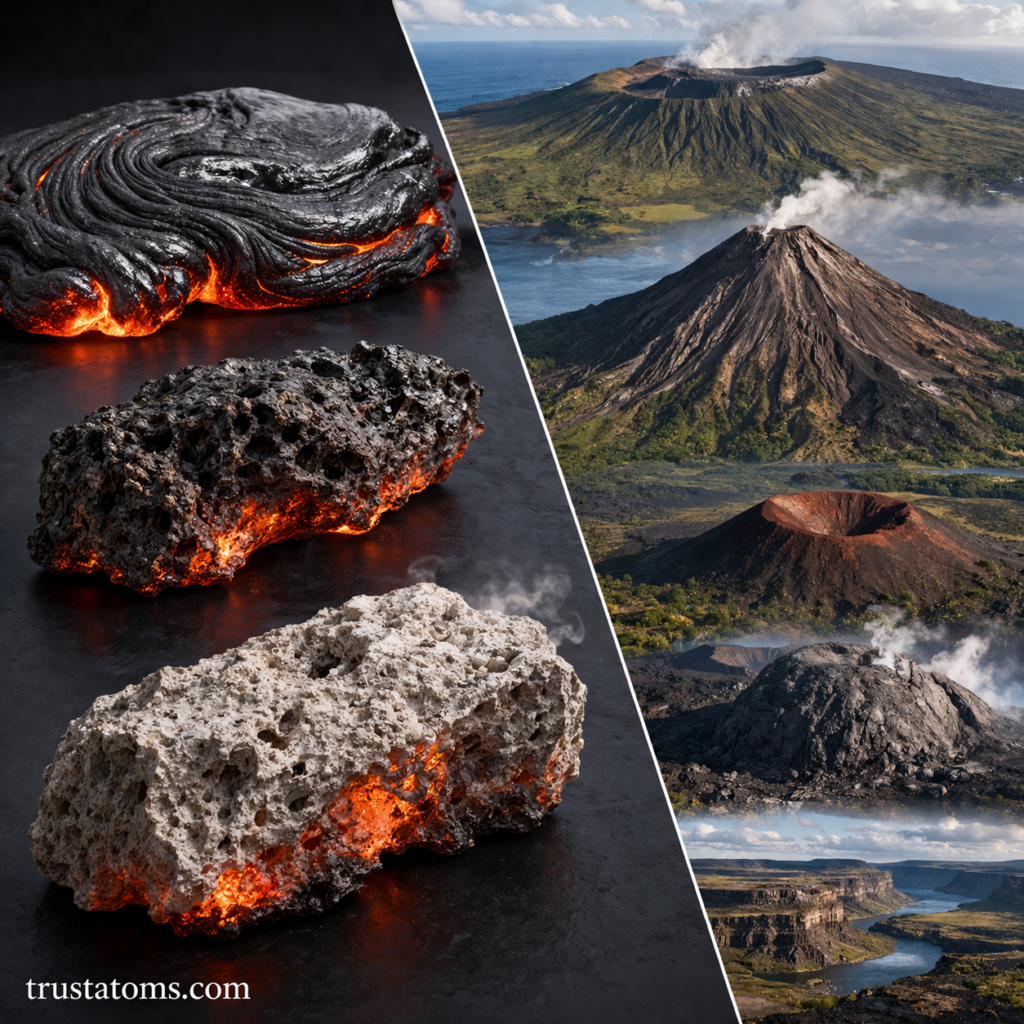 Split diagram showing different lava types on one side and various volcanic landforms on the other.