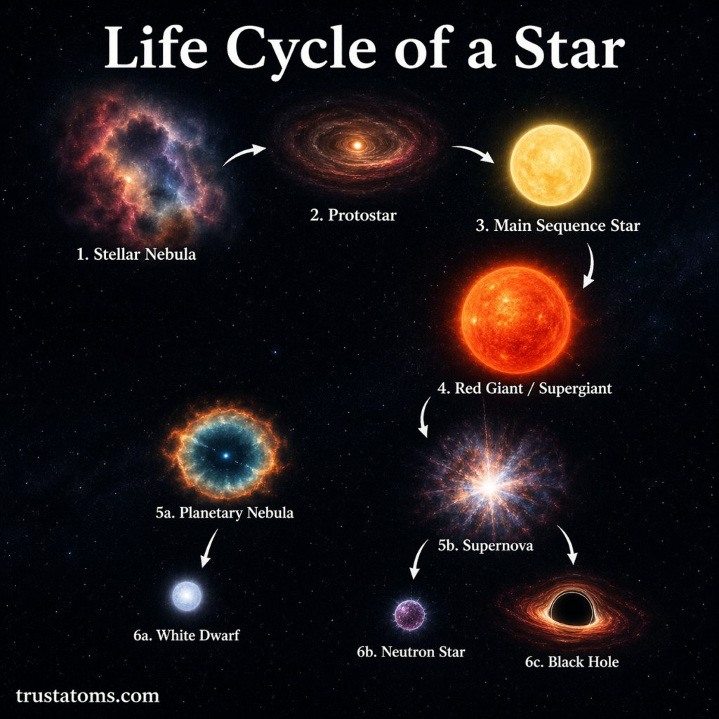 Illustration showing the life cycle of a star from stellar nebula and protostar to main sequence, red giant, and final stages like white dwarf, neutron star, or black hole.A simple visual diagram illustrating the life cycle of a star from formation to final stages. trustatoms.com.
