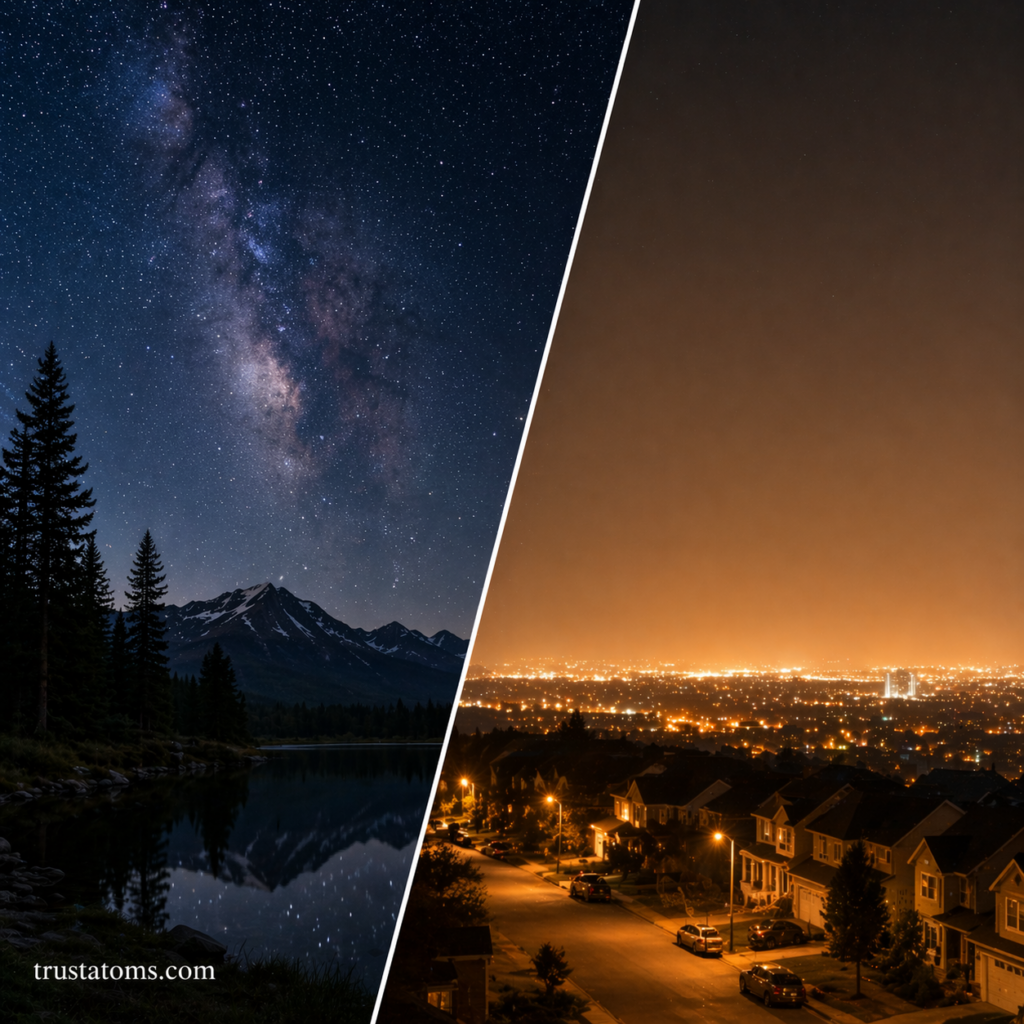Diagonal split illustration showing a clear starry night sky over nature contrasted with a suburban neighborhood affected by light pollution.
