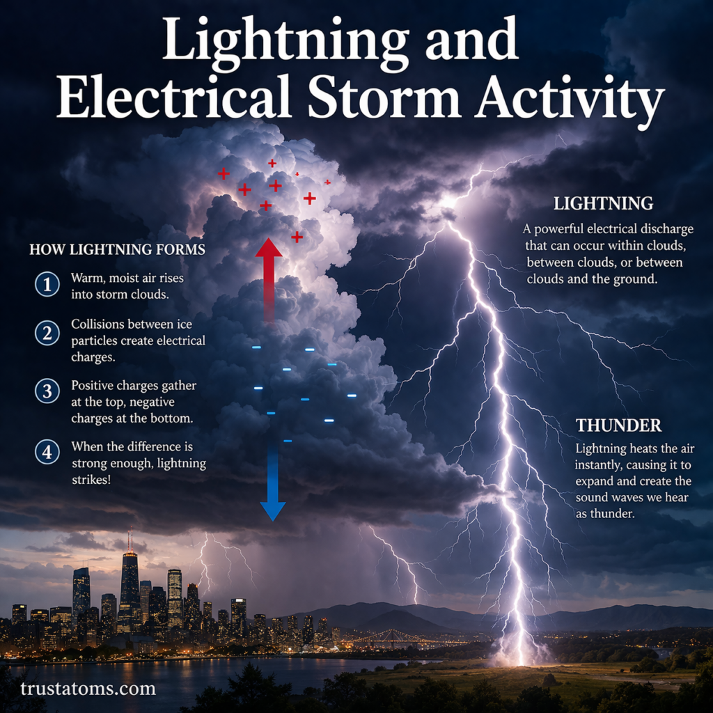 Lightning and electrical storm activity diagram showing thunderstorm cloud formation, electrical charges, and lightning strike to the ground.