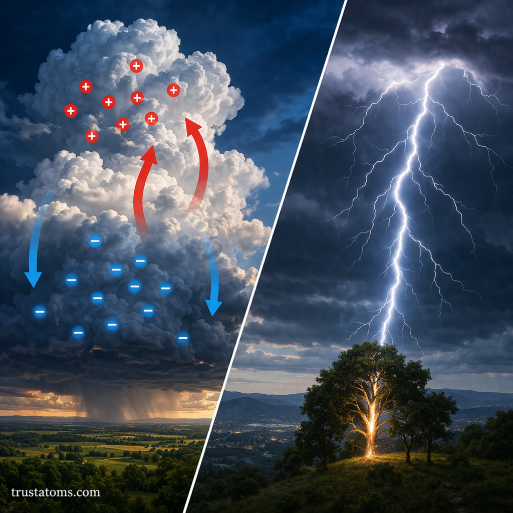 Split diagram showing charge separation inside a thunderstorm cloud and a lightning strike hitting a tree on the ground.