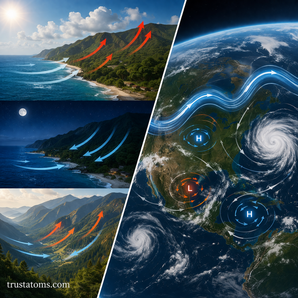 Split image showing local wind patterns like sea breeze and mountain breeze alongside global atmospheric circulation and pressure systems.