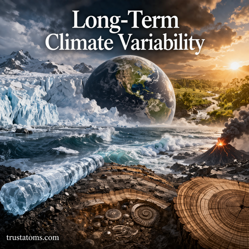 Illustration showing long-term climate variability with transitions between ice age conditions and warmer environments over time.