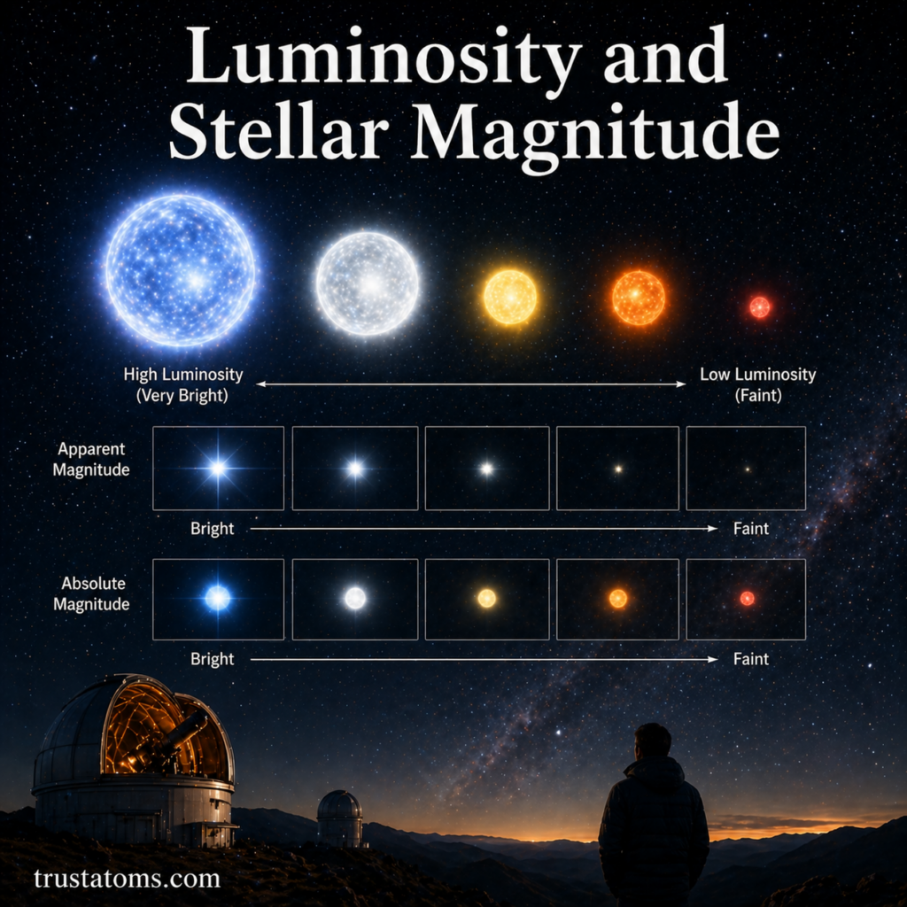 Illustration comparing stellar luminosity with apparent and absolute magnitude using stars of different brightness levels.