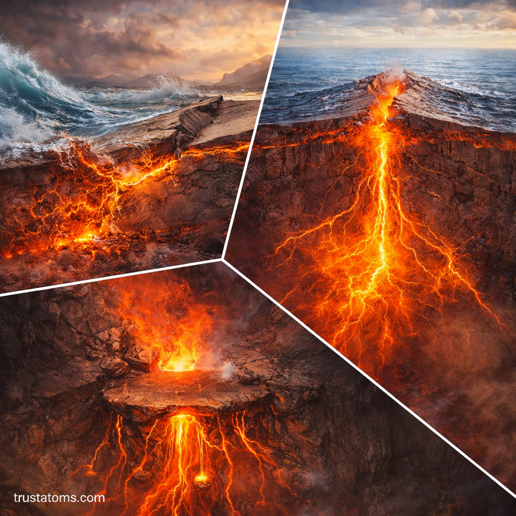 Split diagram showing magma formation and movement including subduction, rising magma, and volcanic eruption pathways.