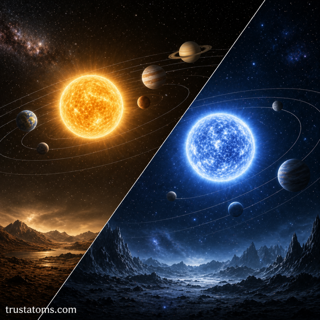 Split illustration comparing a yellow sun-like main sequence star and a blue hotter main sequence star, each with orbiting planets and different space environments.