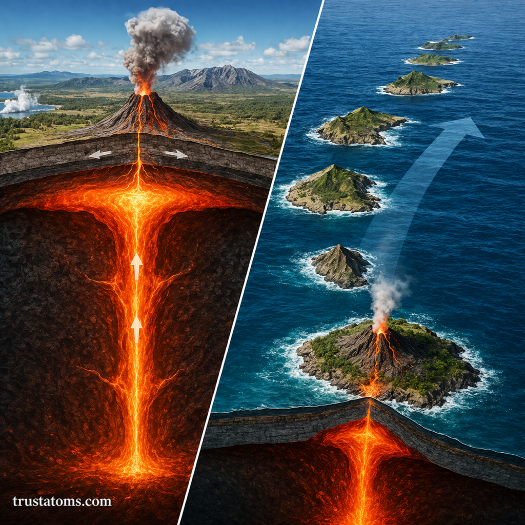 Split illustration showing a mantle plume rising beneath a continental volcano on one side and a hotspot island chain forming with plate movement on the other.