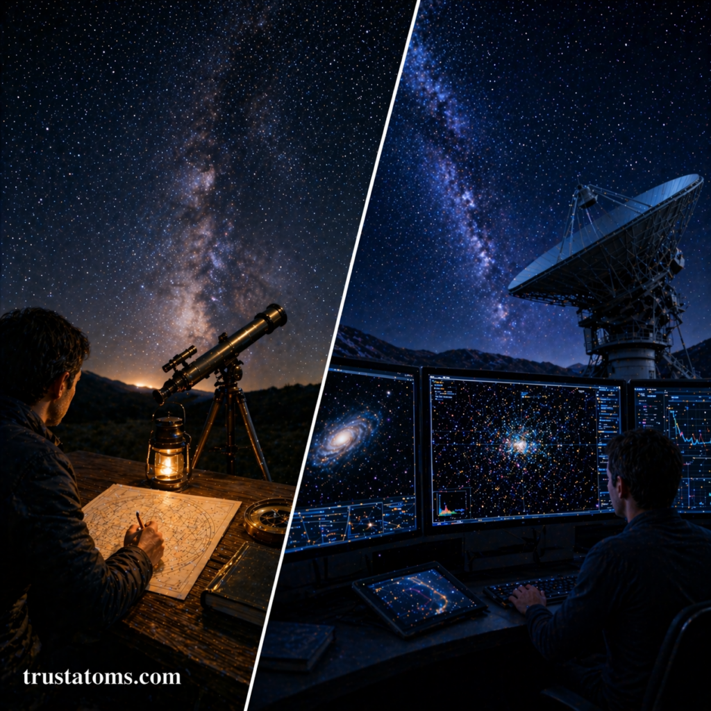 Split illustration showing traditional stargazing with a star chart and modern digital sky mapping using observatory screens and radio telescope.