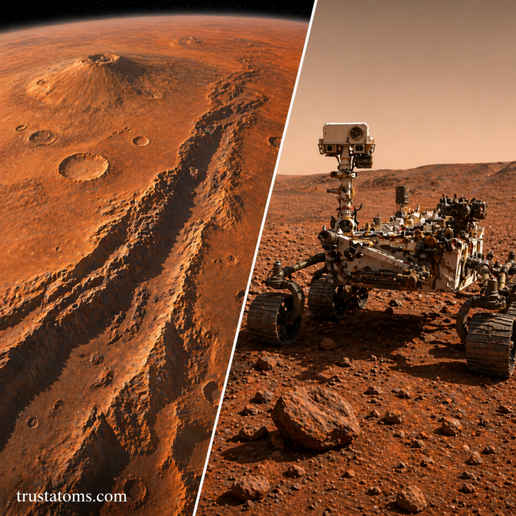 Split image showing Mars geological features like canyons and craters alongside a Mars rover exploring the surface.