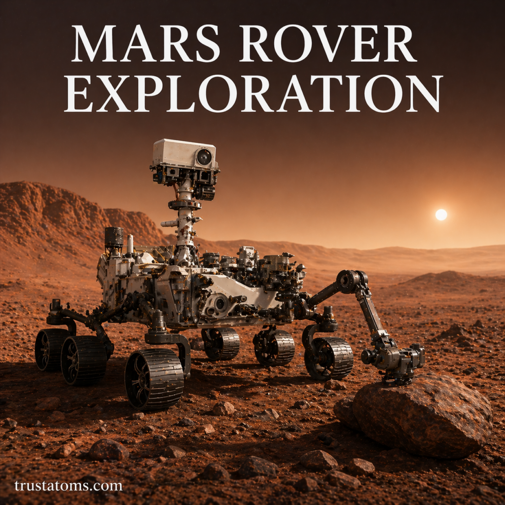 Mars rover exploring the rocky surface of Mars while analyzing a rock sample in a dusty landscape.