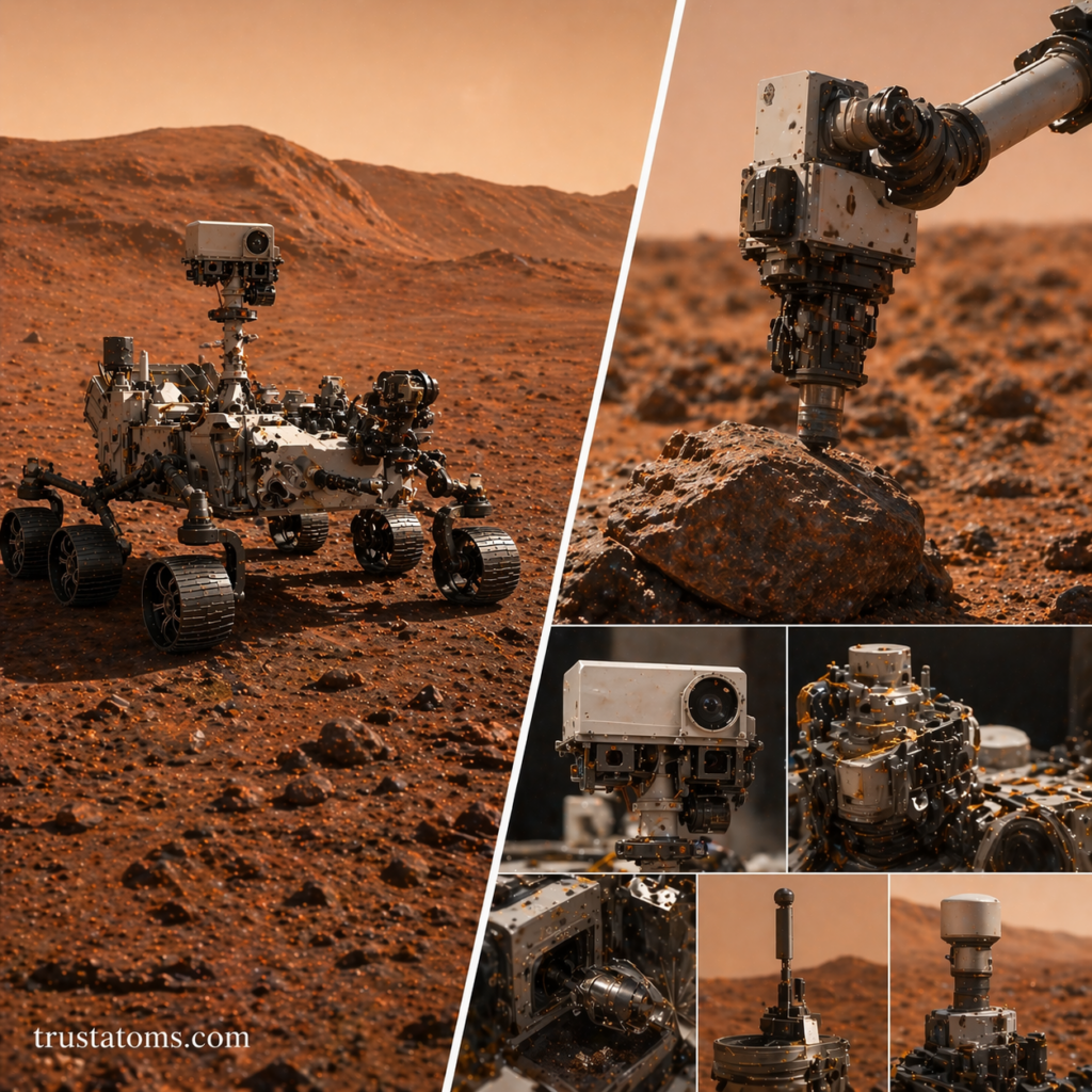 Split illustration showing a Mars rover exploring terrain and close-up views of its scientific instruments analyzing rock samples.