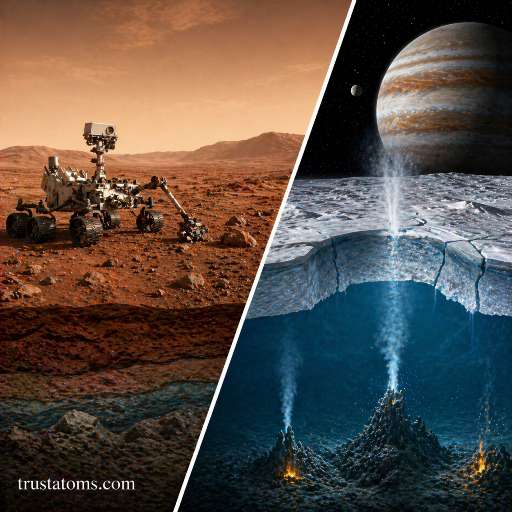 Split illustration showing a Mars rover exploring a dry surface and an icy moon with a subsurface ocean beneath cracked ice.