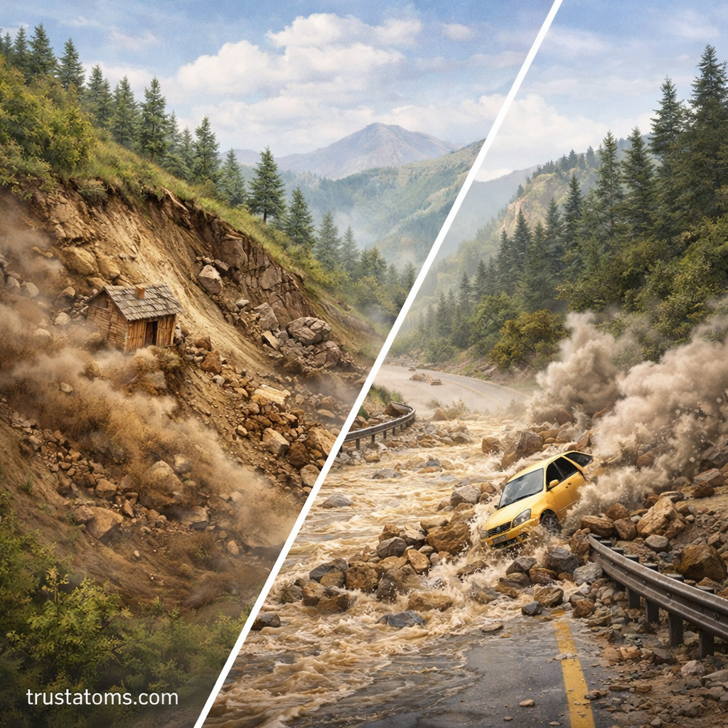 Split illustration showing a landslide on one side and a debris flow damaging a road and car on the other.