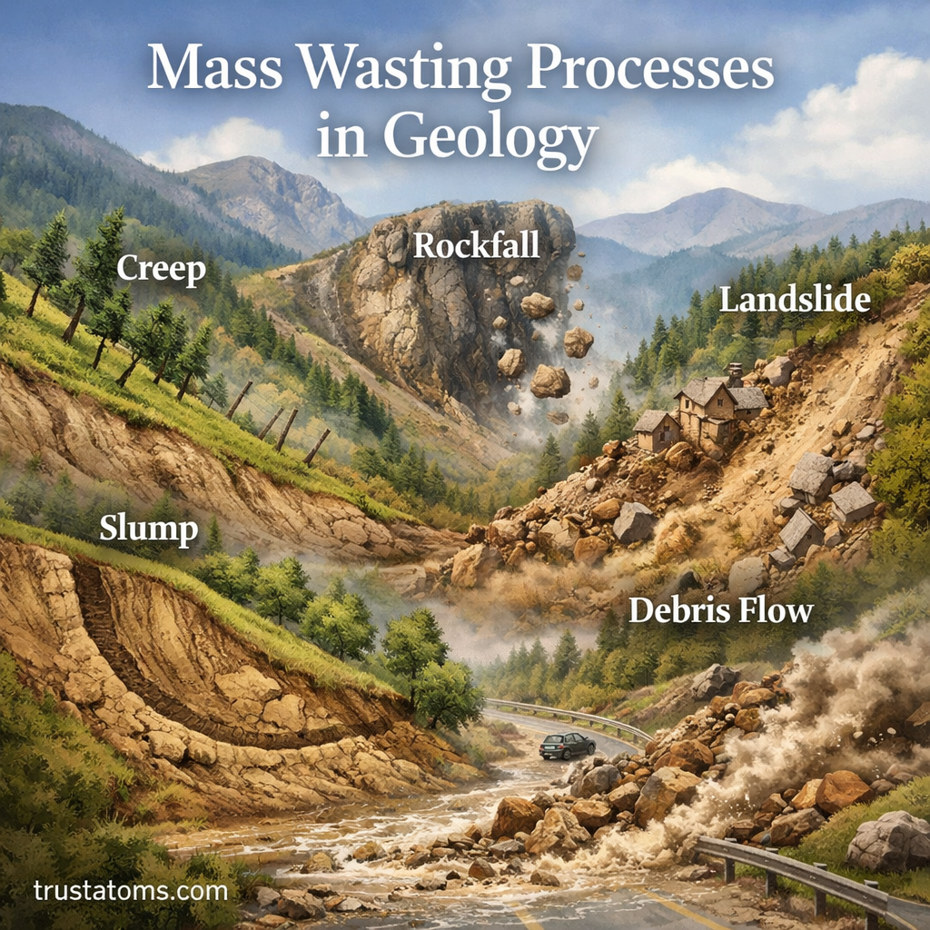 Illustration of mass wasting processes in geology showing landslide, rockfall, and soil movement on a slope.