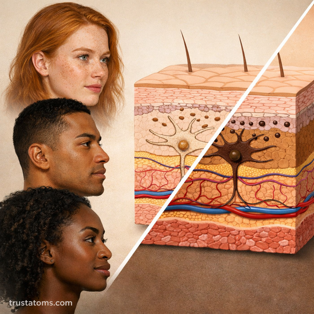 Split illustration comparing different human skin tones and melanin distribution within skin layers.