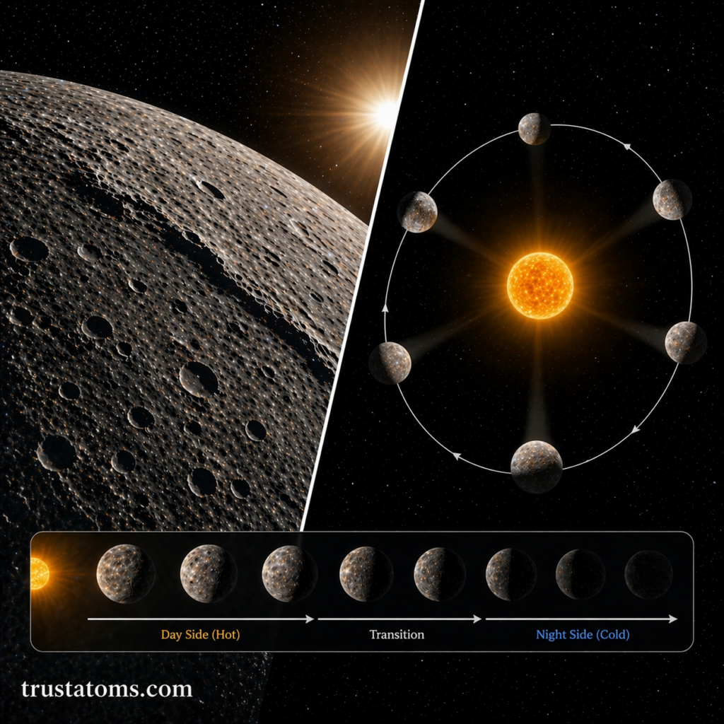 Split illustration showing Mercury’s cratered surface alongside its orbit around the Sun and a sequence of phases from hot day side to cold night side.