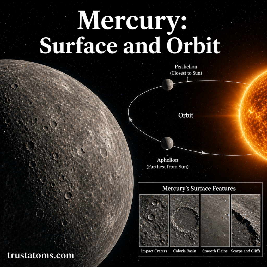 Illustration of Mercury showing its cratered surface alongside its elliptical orbit around the Sun with perihelion and aphelion positions.