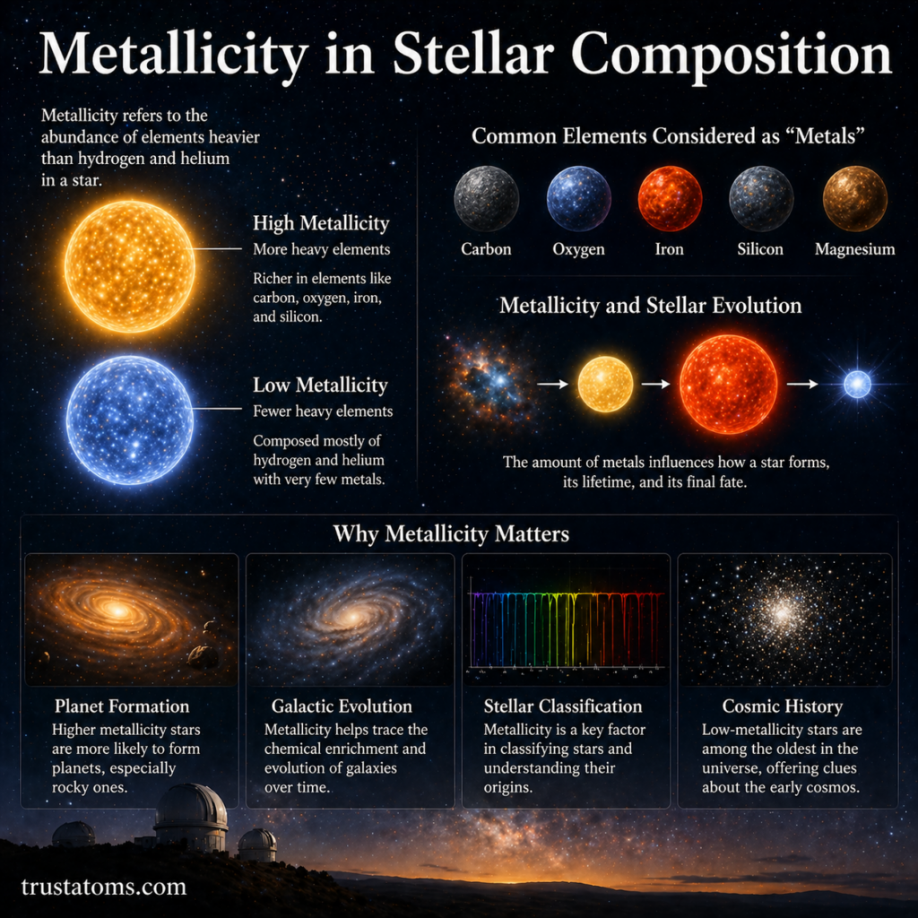 Illustration showing high and low metallicity stars with common heavy elements like carbon, oxygen, and iron.