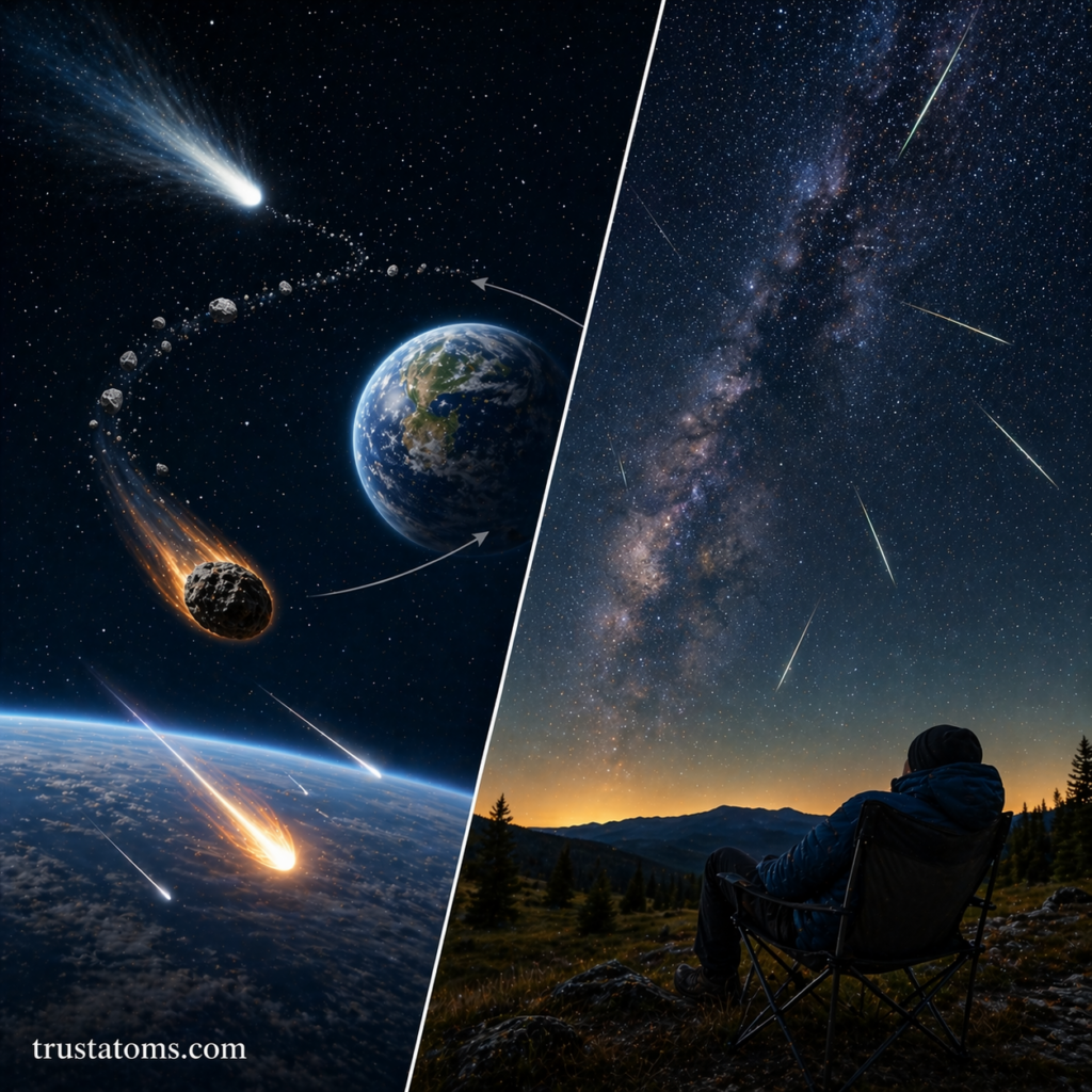 Split illustration showing meteoroids entering Earth’s atmosphere and a person watching a meteor shower in the night sky.