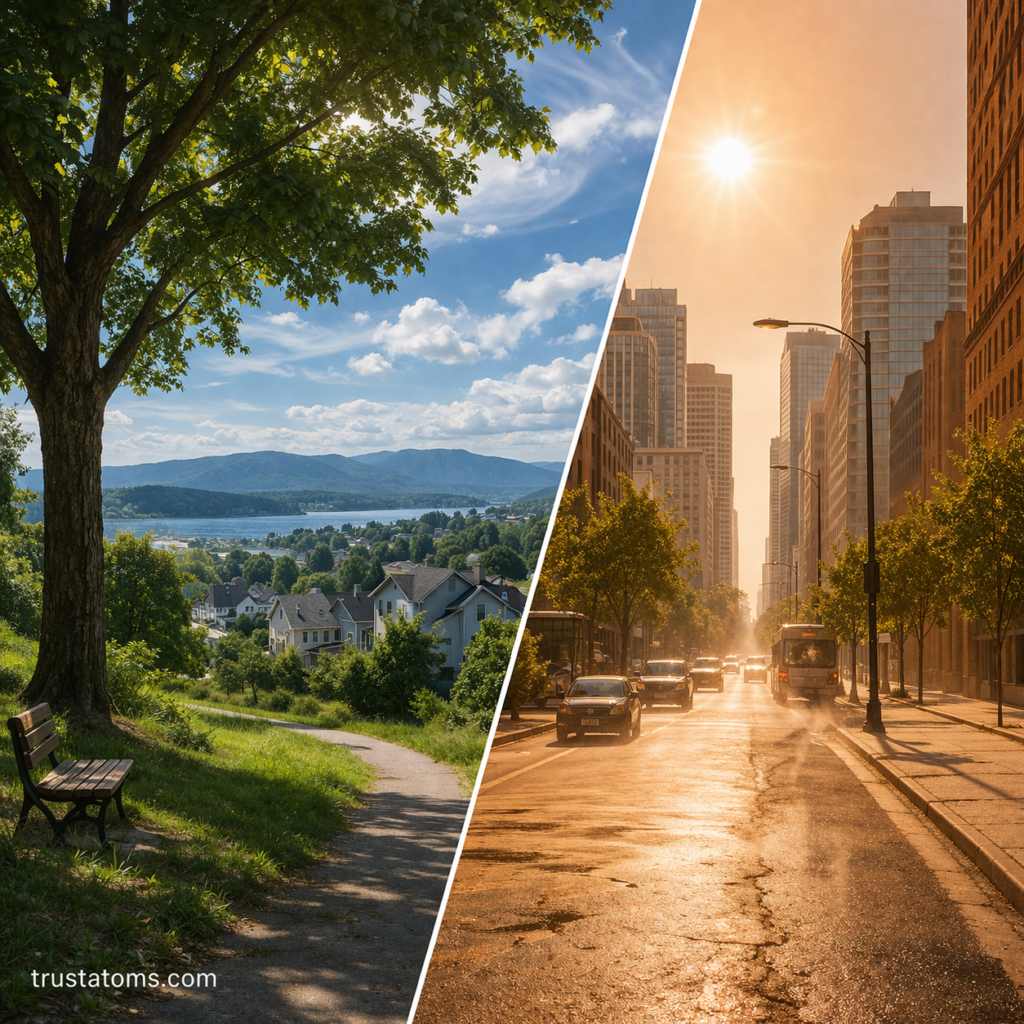 Split illustration showing a cool green natural area compared to a hot urban city street demonstrating microclimate differences.