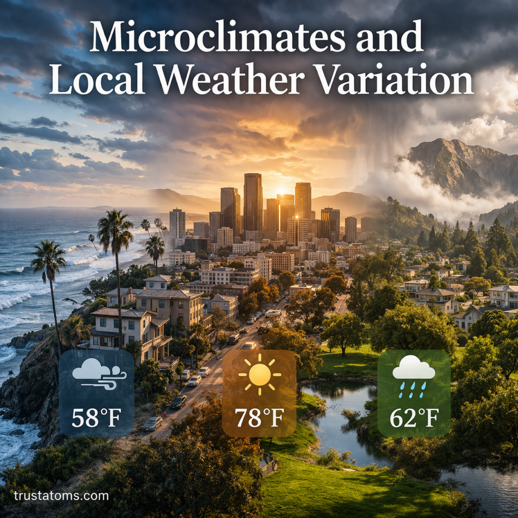 Illustration showing different microclimates including a cool coastal area, warm urban city, and a moist mountainous region.