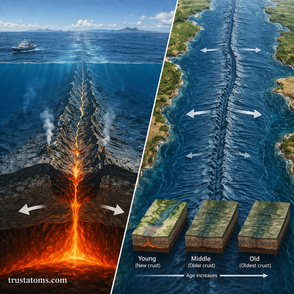 Split illustration showing mid-ocean ridge magma upwelling on one side and ocean crust age progression from young to old on the other.