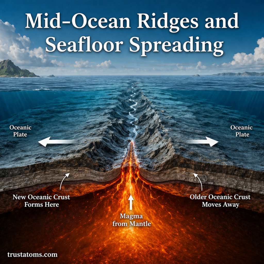 Mid-ocean ridge diagram showing seafloor spreading with magma rising and oceanic plates moving apart.