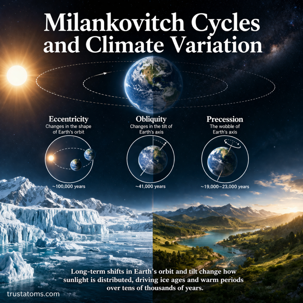 Illustration showing Milankovitch cycles including eccentricity, obliquity, and precession and their influence on Earth’s climate variation.