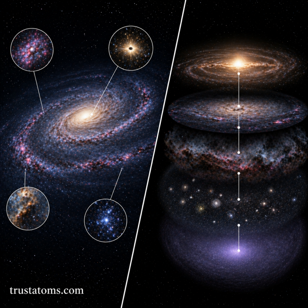 Split illustration showing the Milky Way disk with star-forming regions and a layered view of its halo and surrounding structure.