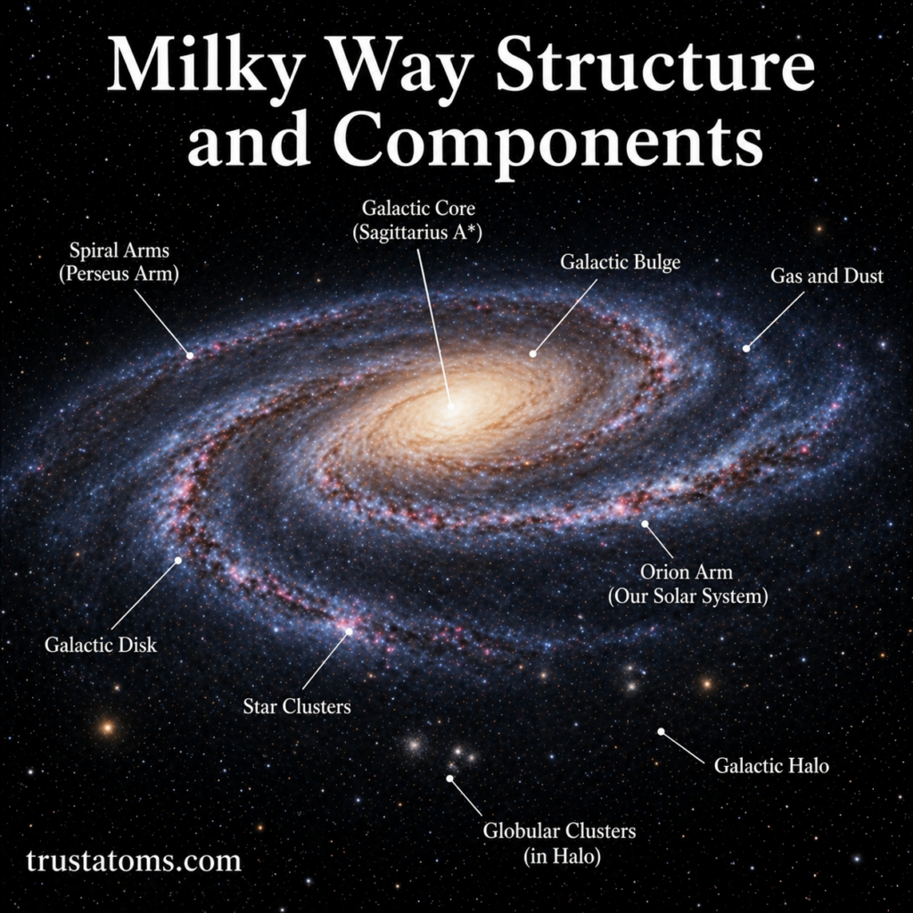 Diagram of the Milky Way galaxy labeled with core, bulge, spiral arms, disk, halo, and star clusters.