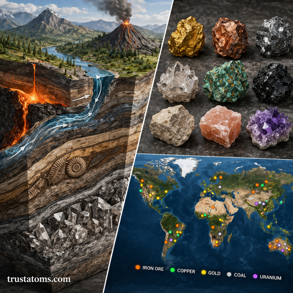 Split illustration showing mineral formation processes in Earth layers alongside global distribution of mineral resources on a world map.