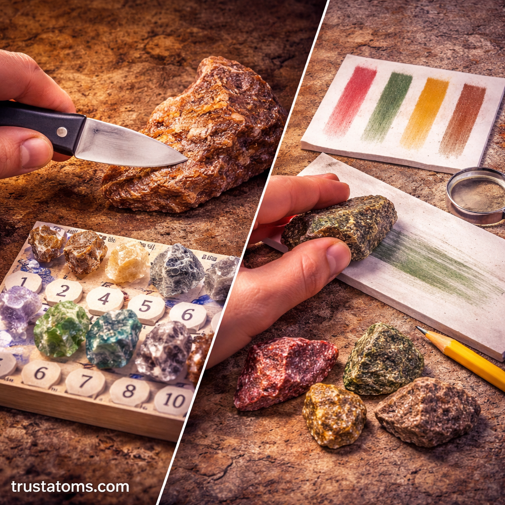 Split illustration showing mineral hardness testing with a knife and Mohs scale on one side and streak testing on a plate on the other.