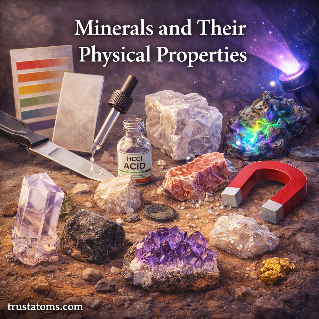 Illustration showing different minerals and tools used to test physical properties like hardness, streak, and magnetism.