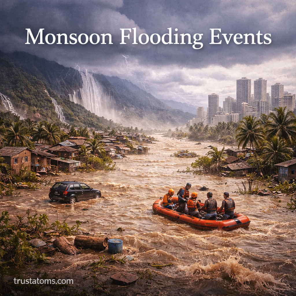 Monsoon flooding events illustration showing heavy rainfall, overflowing water, rescue teams in boats, and submerged homes and vehicles.