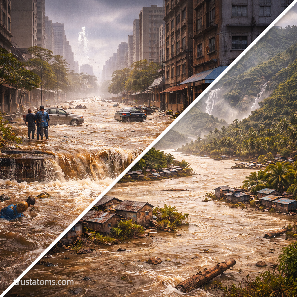 Split illustration of monsoon flooding showing urban flash flooding on one side and river overflow flooding in a rural area on the other.