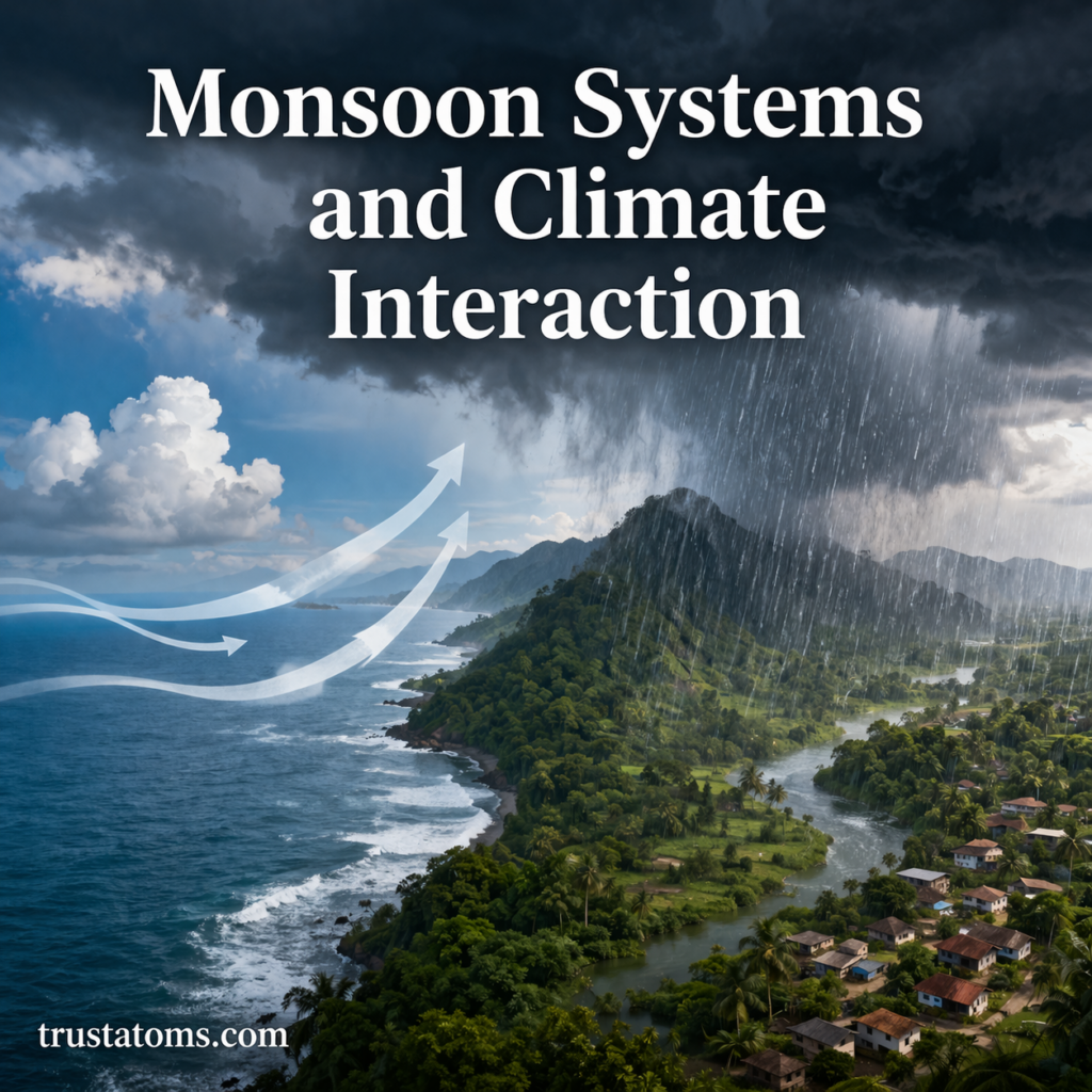 Monsoon systems and climate interaction illustration showing ocean winds, heavy rainfall, and land heating effects.
