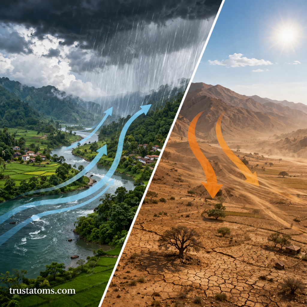 Split illustration showing monsoon wet season with heavy rainfall and dry season with cracked land and clear skies.
