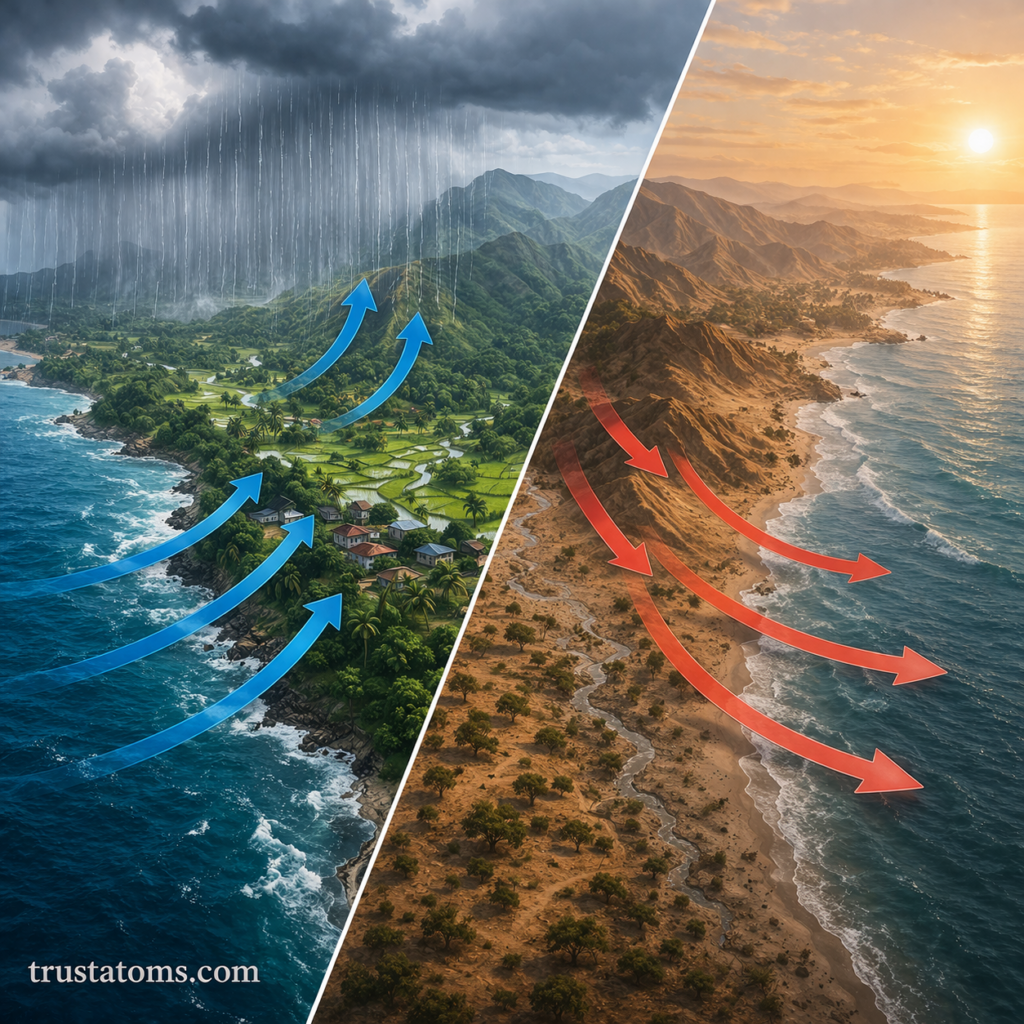 Split illustration showing moist ocean winds bringing rain during wet season and dry land winds creating arid conditions during dry season.