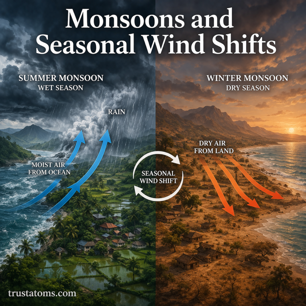 Illustration showing summer monsoon with moist ocean air and heavy rain and winter monsoon with dry land air and clear conditions.