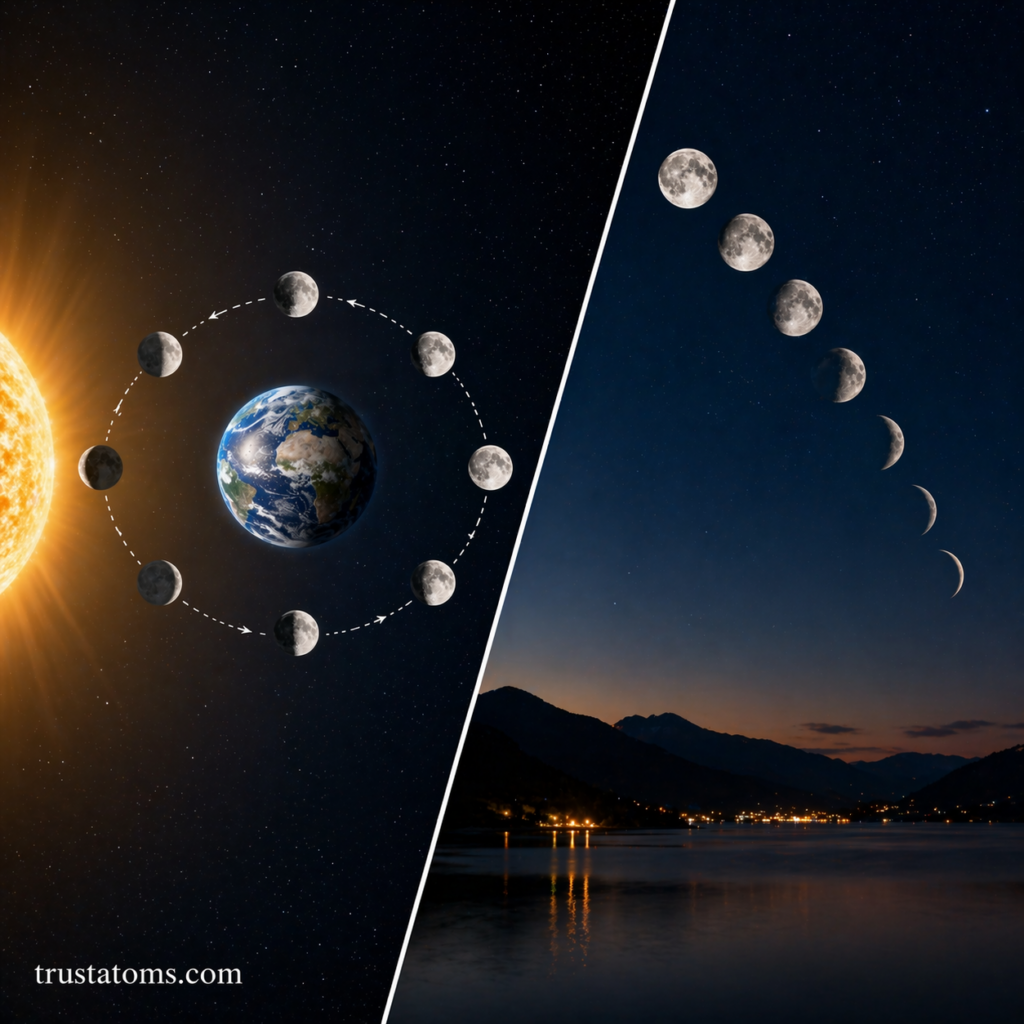 Diagonal split illustration showing the Moon orbiting Earth with sunlight on one side and visible Moon phases in the night sky on the other.