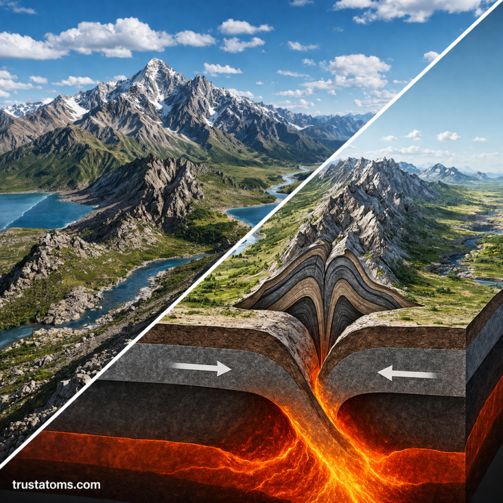 Split illustration showing a mountain landscape on one side and folded rock layers from tectonic plate collision on the other.