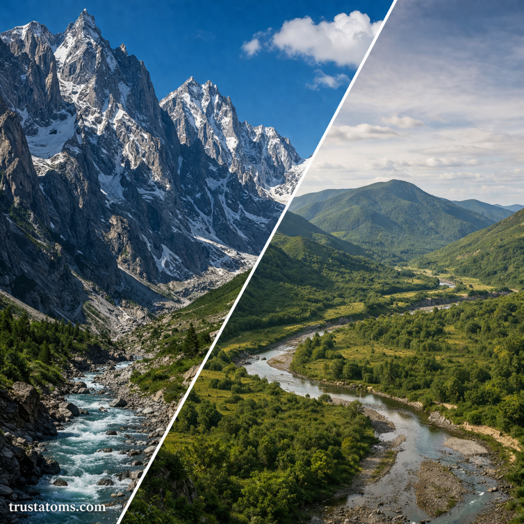 Split illustration comparing steep eroding mountain terrain with a smoother, stable landscape shaped by long-term erosion.