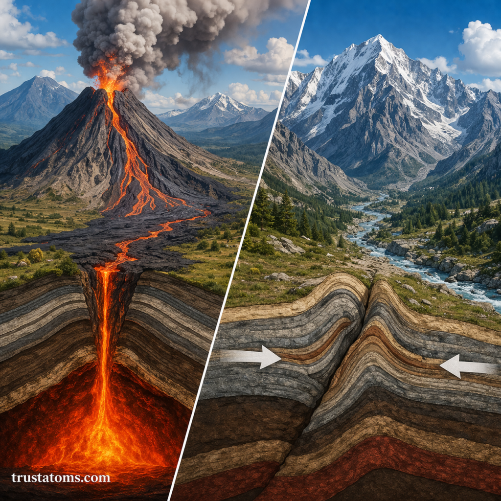 Split illustration showing volcanic mountain formation on one side and folded mountain layers from tectonic plate collision on the other.