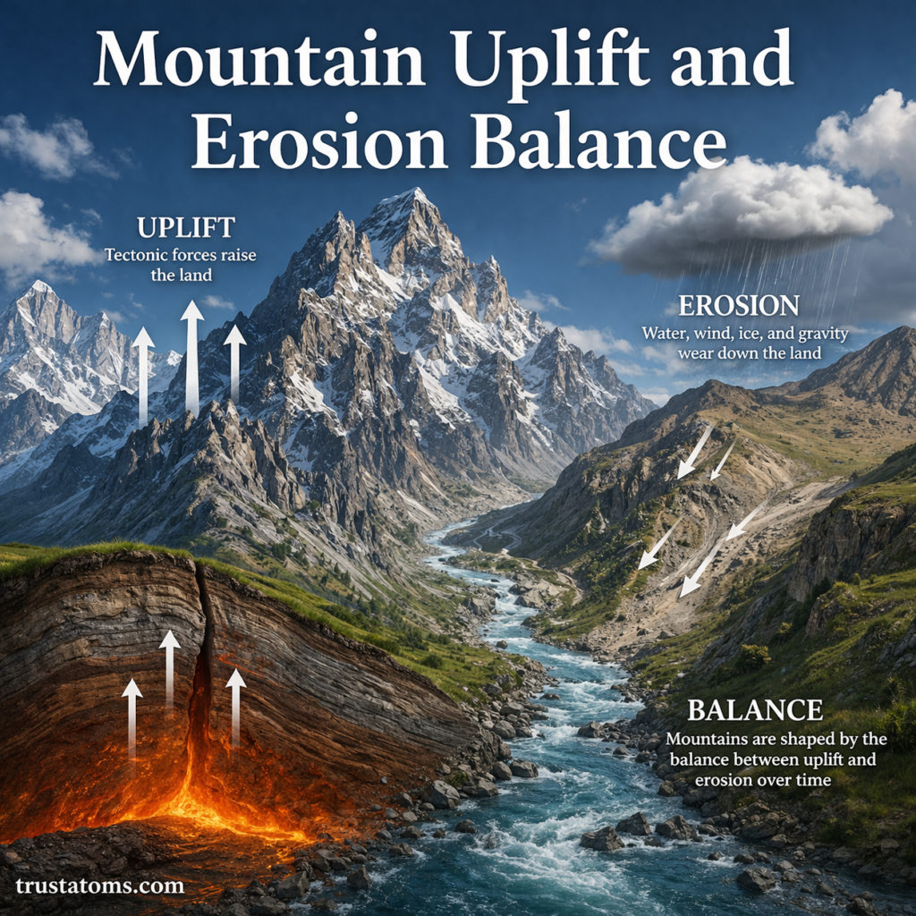 Illustration showing mountain uplift and erosion balance with tectonic forces raising land and erosion processes wearing it down.