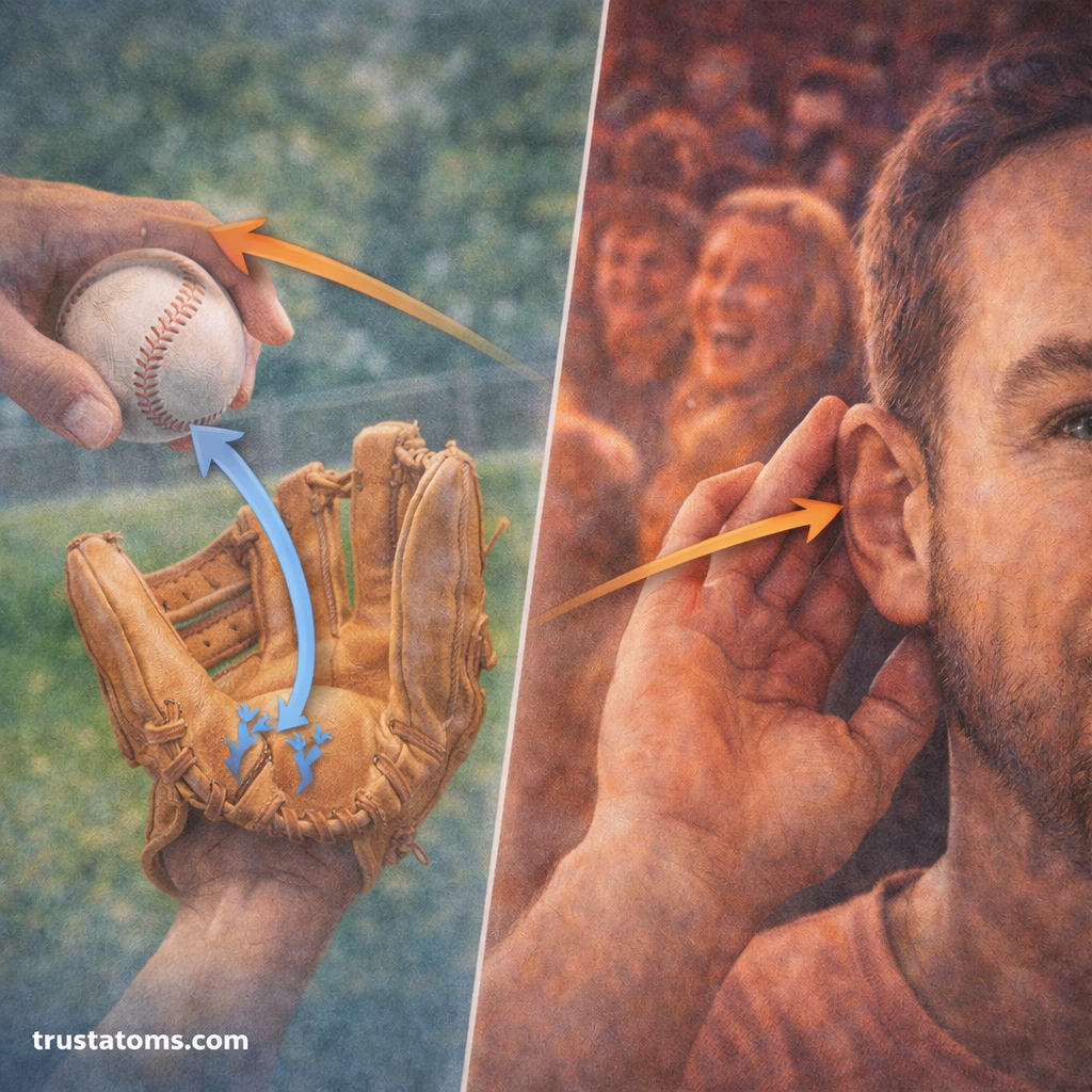 Split illustration showing multisensory integration with a baseball catch and focused listening in a noisy environment.