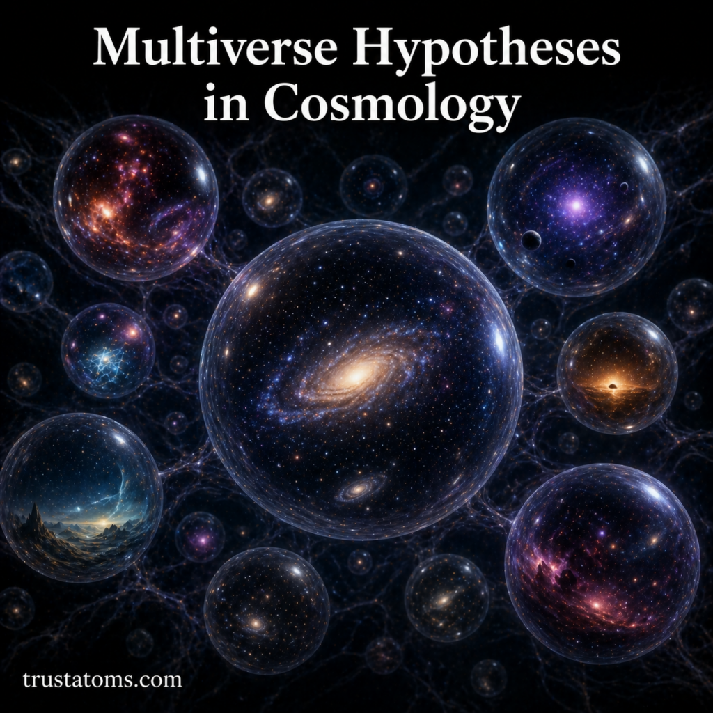 Illustration of multiple bubble universes representing multiverse hypotheses in cosmology with different galaxies inside each sphere.