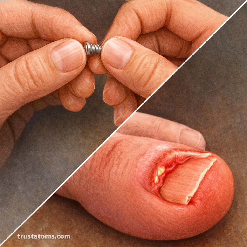 Split illustration showing fingernails used for fine motor skills and an ingrown toenail with inflammation.