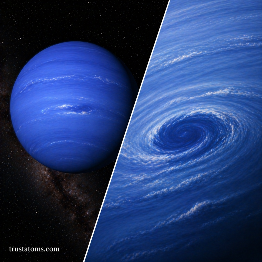 Split illustration showing Neptune as a whole planet alongside a close-up of a powerful atmospheric storm and cloud vortex.