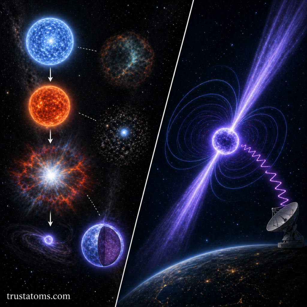 Split illustration showing the formation of a neutron star from a supernova and a pulsar emitting radiation beams detected from Earth.